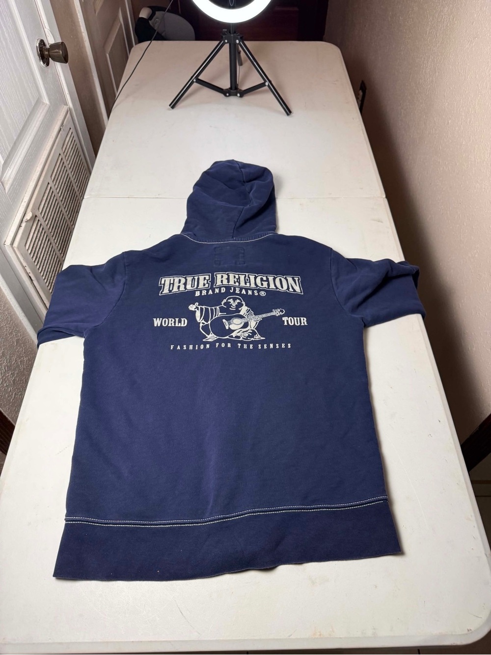 True Religion Buddha Logo Pullover Hoodie Felt Graphic Mens Size M Blue